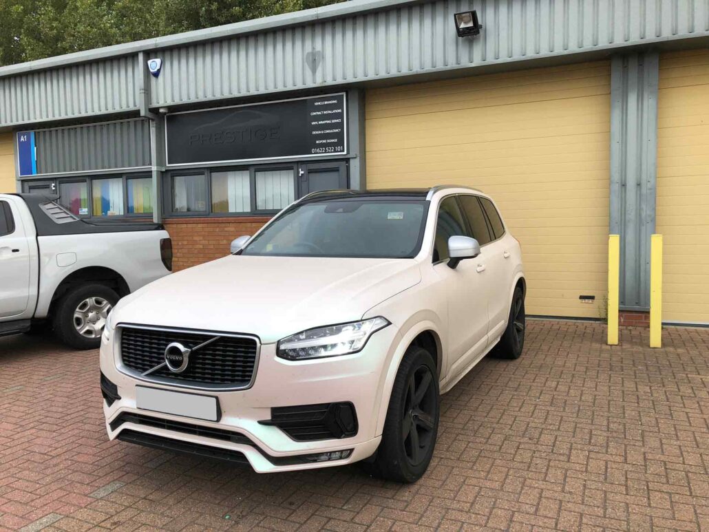 Final transformation of Volvo wrapped in satin perl white vinyl