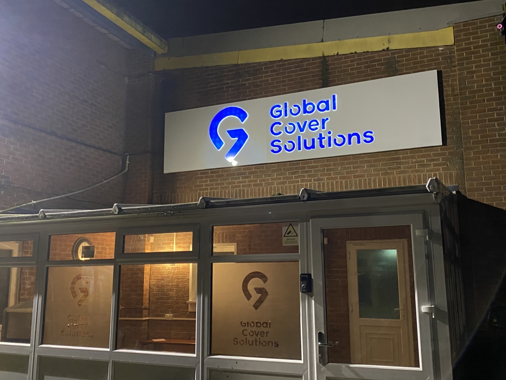 Exterior acrylic signage lit up