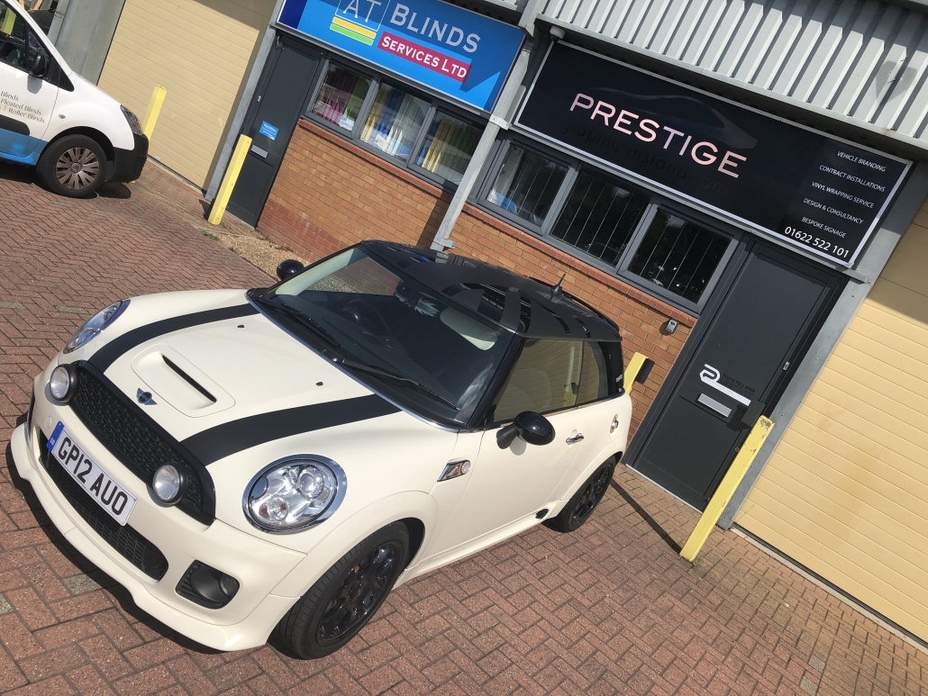 MINI UNION JACK ROOF WRAP 3 - Prestige Graphics Kent Matte black strips applied to bonnet of Mini Cooper front view