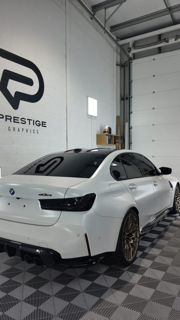 BMW M3 CS Stealth PPF, Red Striping & Light tints 7 - Prestige Graphics Kent White BMW-Rear View 2
