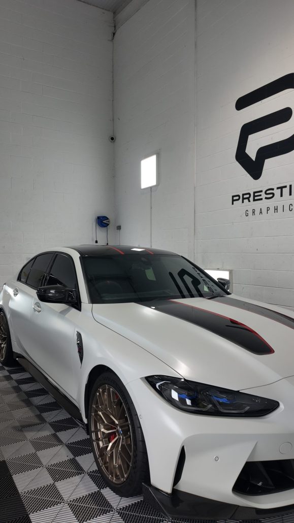 BMW M3 CS Stealth PPF, Red Striping & Light tints 2 - Prestige Graphics Kent White BMW - Front View 2