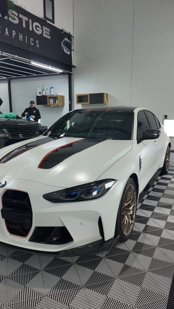 BMW M3 CS Stealth PPF, Red Striping & Light tints 1 - Prestige Graphics Kent White BMW - Front View 1