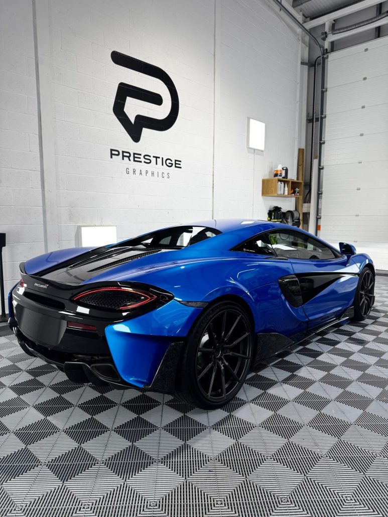 McLaren 540C Full Wrap 4 - Prestige Graphics Kent Blue Mclaren side view. rear